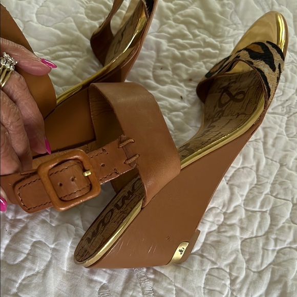 Sam Edelman Wedge Sandals.Gold Sandals With Leopard Print Straps.Sz-8M.Never on. - Picture 7 of 10